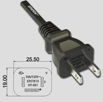 Cable de alimentación con enchufe plano de 2 clavijas.