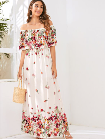 Vestido largo floral de hombros descubiertos