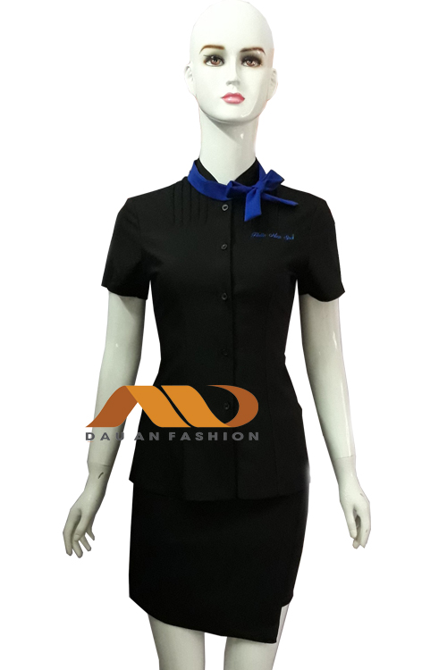 AS0033 Vestido de uniforme de spa negro con lazo azul.