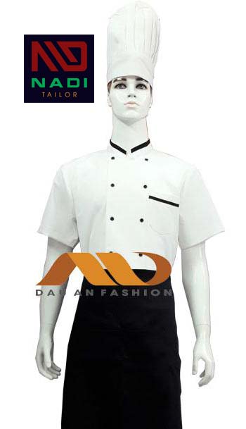 ABM023 Chaqueta de chef blanca con borde negro de mangas cortas.