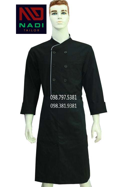 ABM005 Chaqueta de chef negra con bordes grises de mangas largas.
