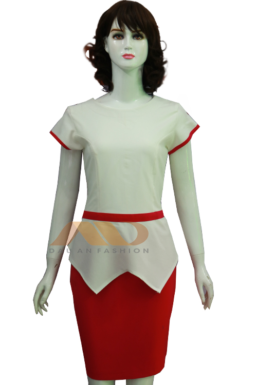 AS0067 Uniforme de Spa Blanco Rojo de Cuello Redondo