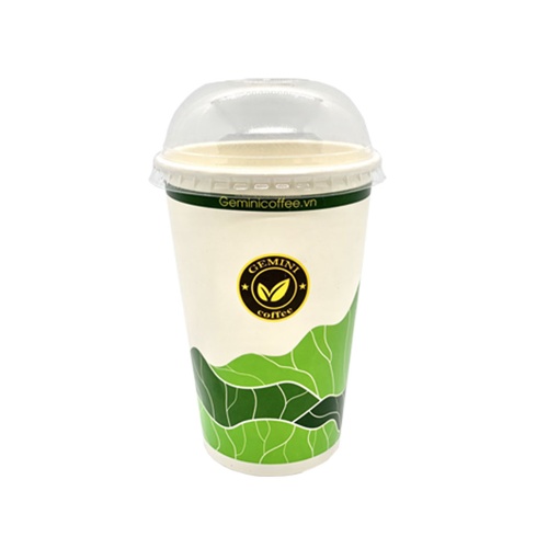 Vaso de papel de 16 oz con tapa en forma de cúpula.