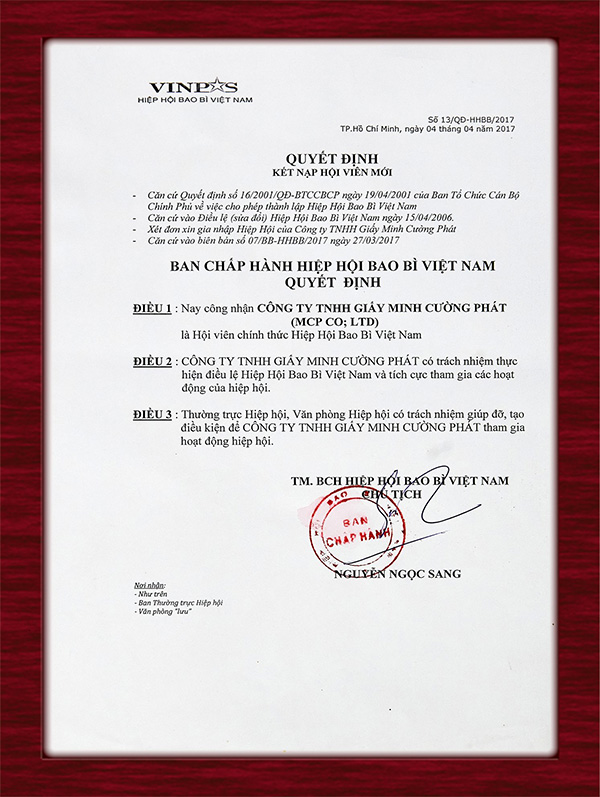Certificación de miembro oficial de la Asociación de Envases de Vietnam