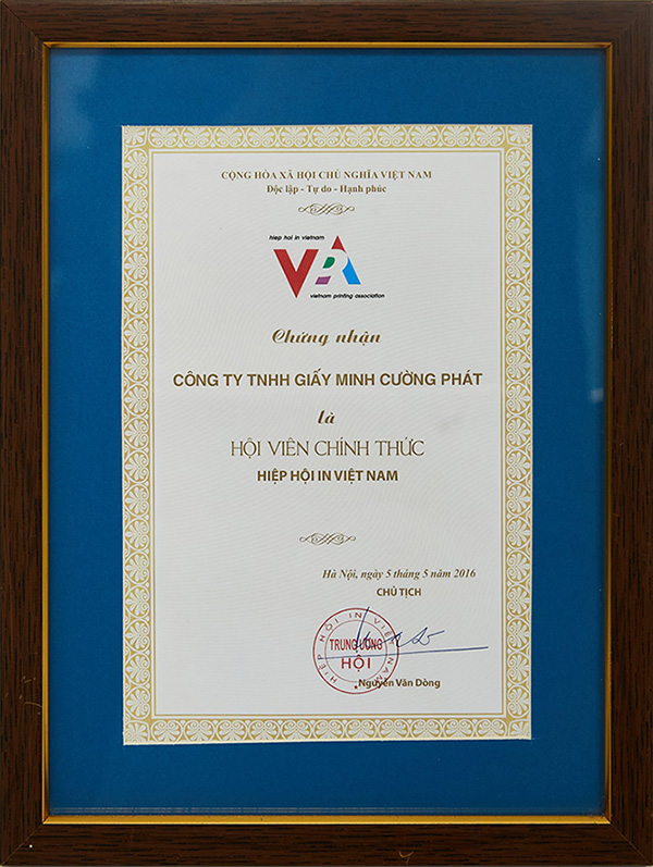 Certificación de miembro oficial de la Asociación de Pulpa y Papel de Vietnam