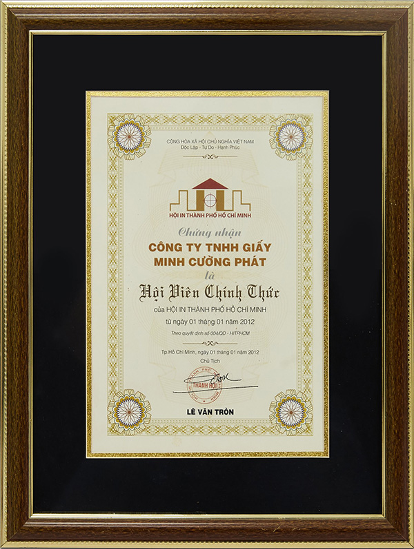 Certificación de miembro oficial de la Asociación de Impresión de Vietnam