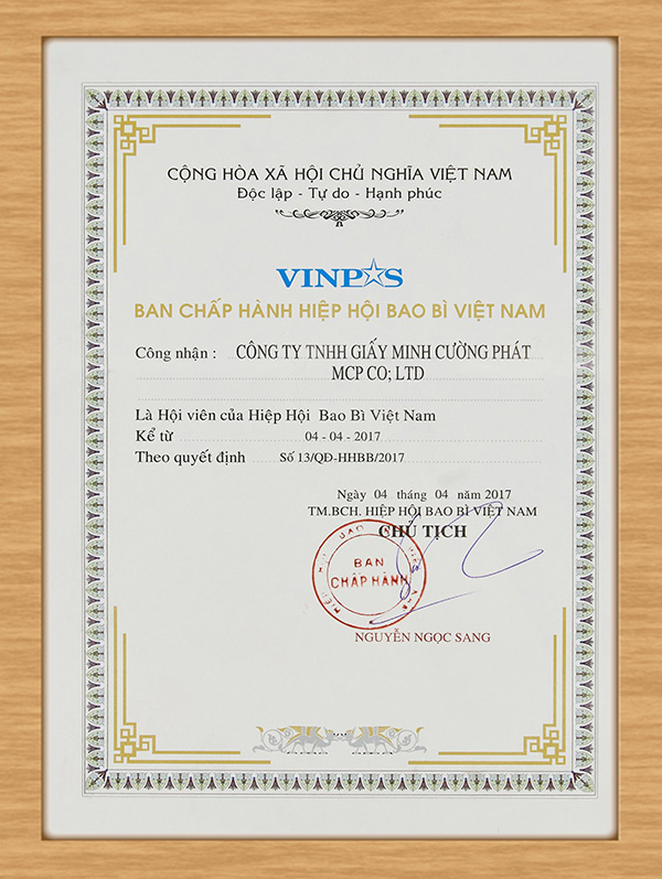 Certificación de miembro oficial de la Asociación de Envases de Vietnam